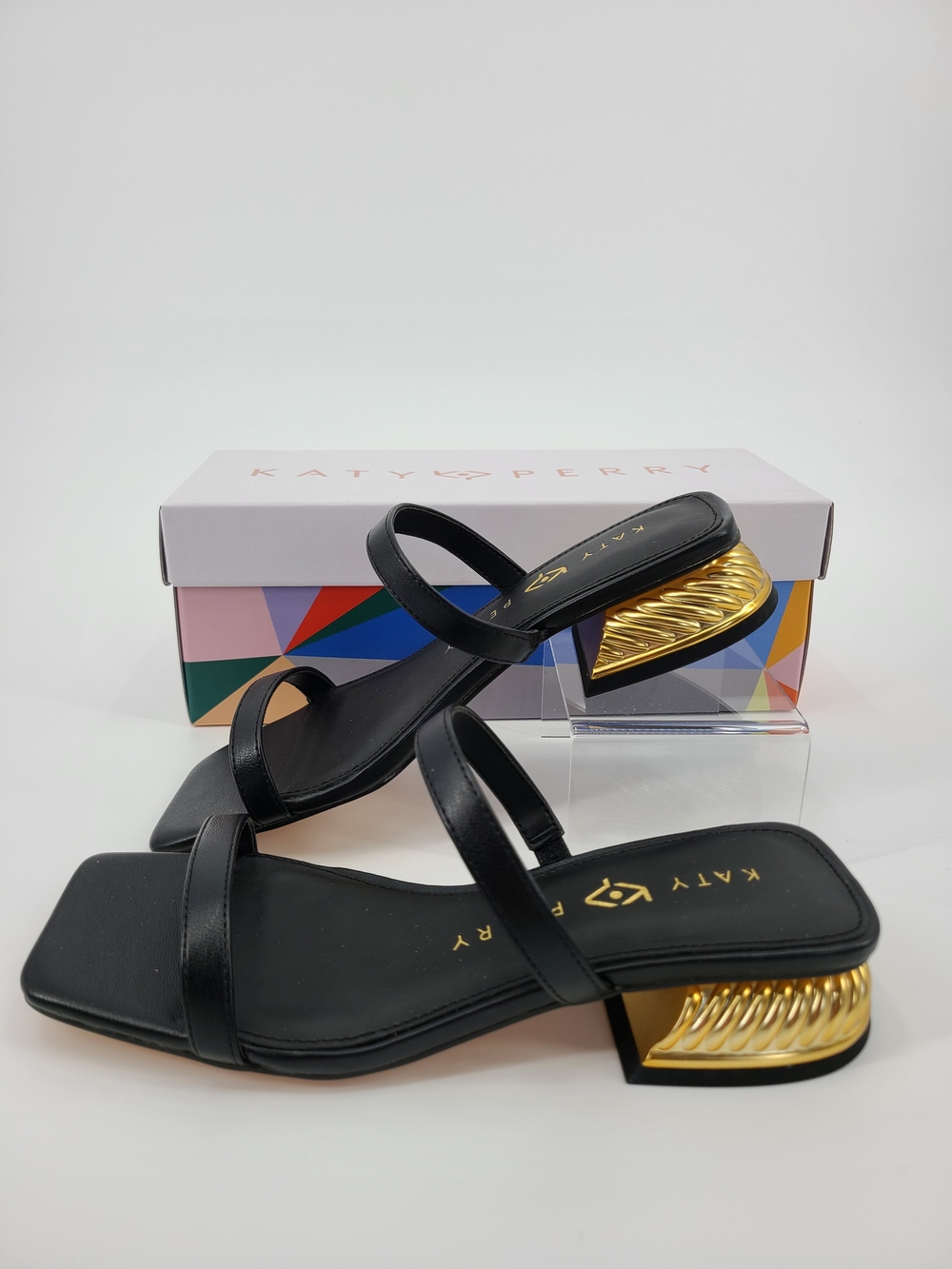 Katy Perry Collections Black Strappy Sandals with Gold Accent Heel Size 5